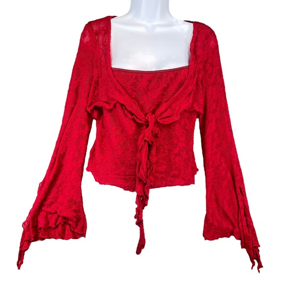 The Unbranded Brand Tops - Red Lace Tie‎ Front Top Bell Sleeves Square Neck Women's Size Large